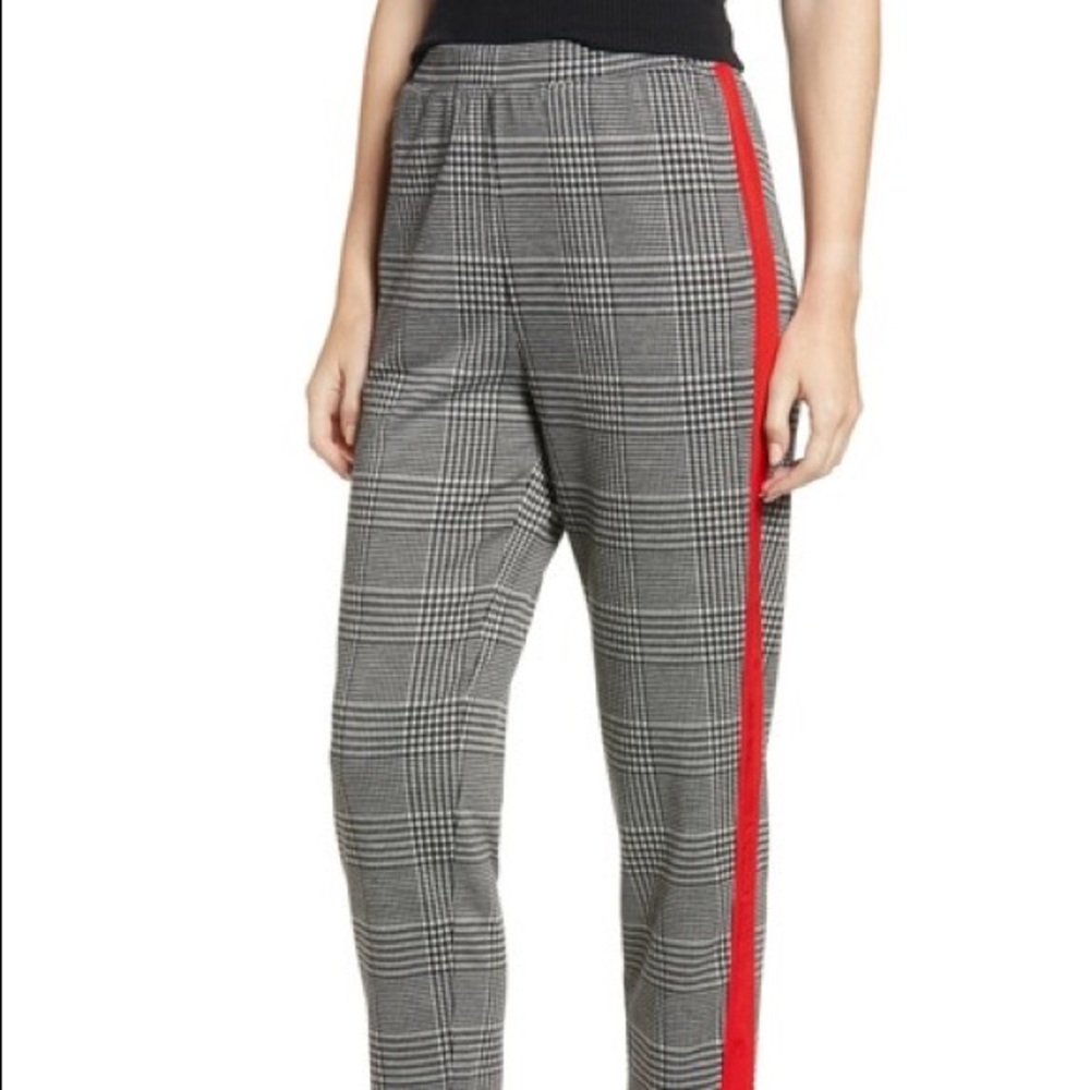 bp // plaid pants with red side stripe
